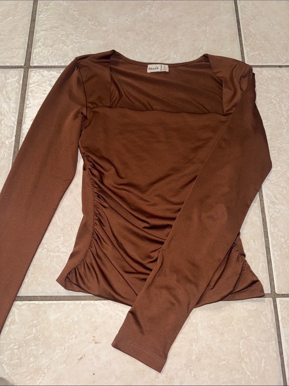 Brown Long-Sleeve Ruched Square Neck Top